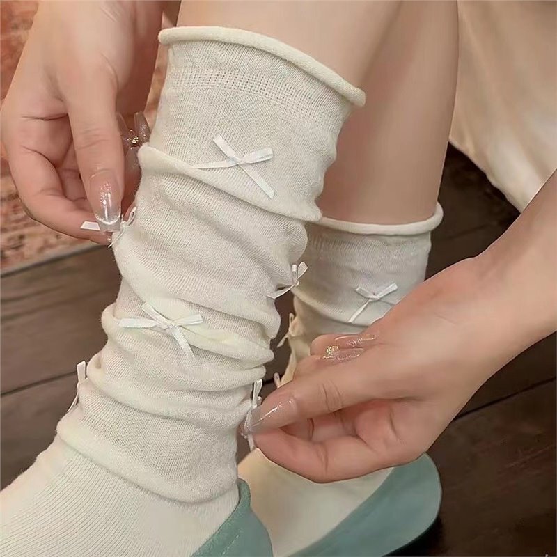 春夏膝上白ふくらはぎソックス骨なし通気性バレエ風リボンソックスロリータJKソックス女性用|undefined