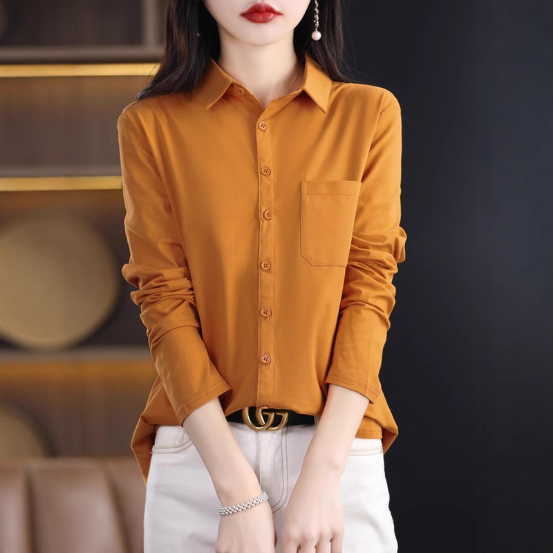 Pure Cotton Long Sleeve Shirt Women's Stretch Design Sense Niche Fashionable Loose Korean Style Shirt Polo Collar Cardigan