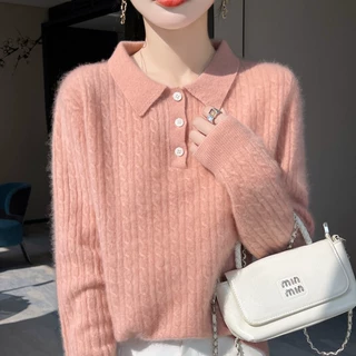 25秋冬100%纯羊毛衫女POLO领麻花针织打底衫宽松加厚毛衣百搭上衣