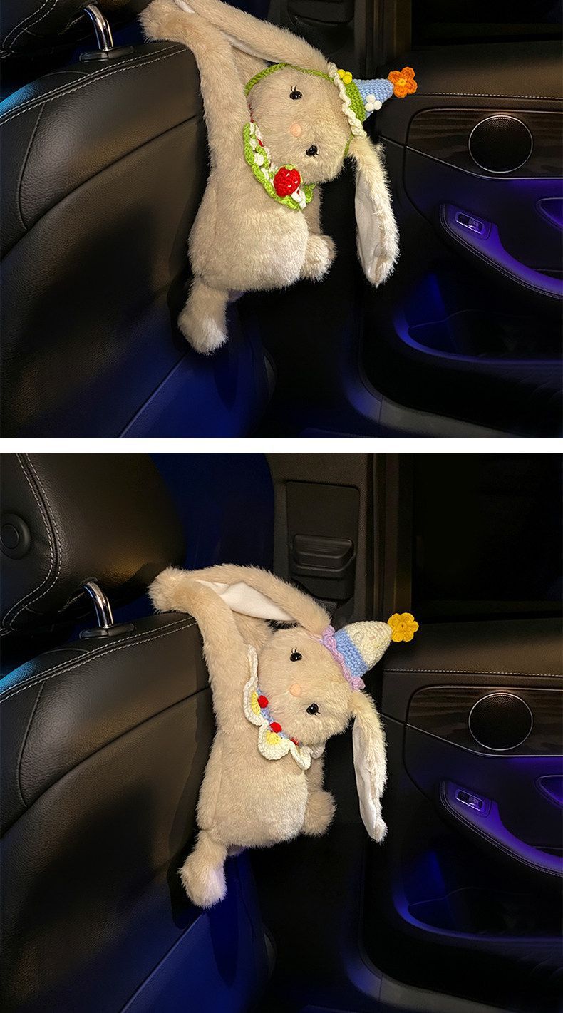 Cute plush toy car tissue box, car interior decoration tissue holder, car-mounted long-eared rabbit tissue bag, hanging type