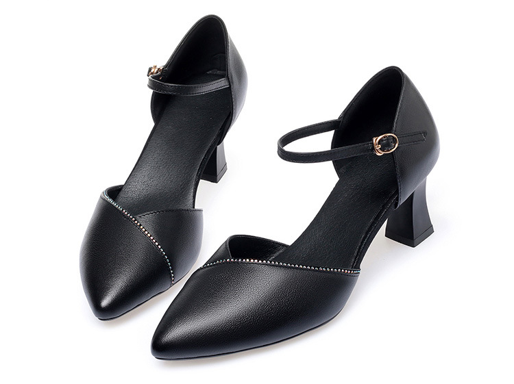 Sandal quai ngang da thật gót vuông mũi nhọn cho nữ, giày cao gót hở mũi kiểu dáng sang trọng — Màu be chi tiết 29