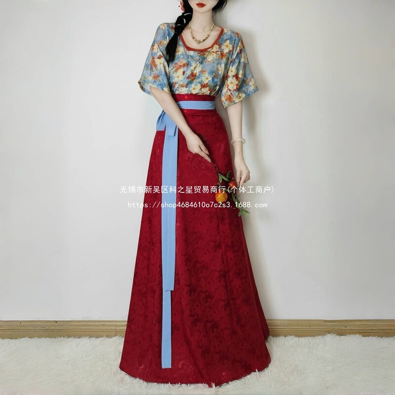 Original [Feihua Ying] Floral Print Tang-Style Backless Skirt, Slimming Tang-Style Hanfu for Women, Summer Tang Backless Skirt, Single Piece Backless Skirt