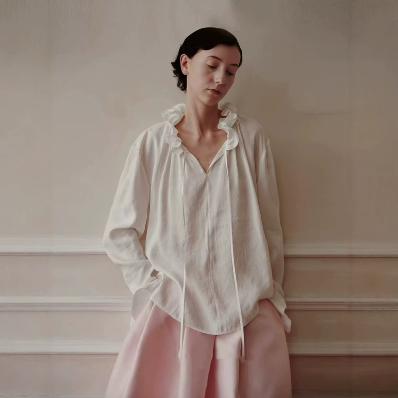 Still Nothing | Modal blend cloud-soft touch ruched ruffle trim tie-up layered shirt Still Nothing | Modal blend cloud-soft touch ruched ruffle trim tie-up layered shirt