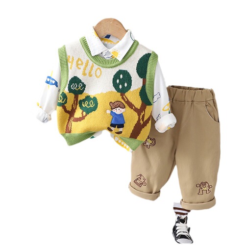 Boys and girls baby cardigan vest three-piece set  new autumn suit foreign style autumn cartoon suit