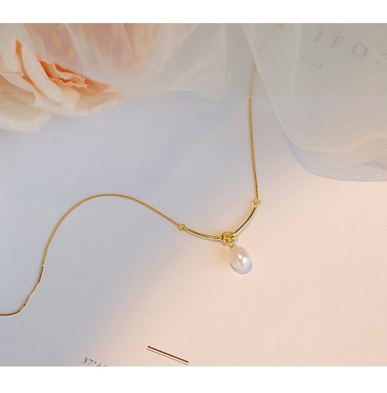 Women'S Gender Pearl, Plating Design 925 Sterling Silver Freshwater Pearl Pearl Plating Water Droplets Knot Pendant Necklace