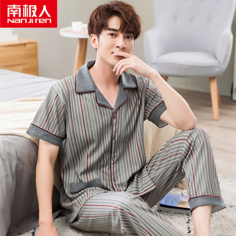 Pijamas de los hombres de verano 100% algodón pantalones de manga corta de media manga de primavera y otoño delgada cardigan ropa para el hogar más tamaño