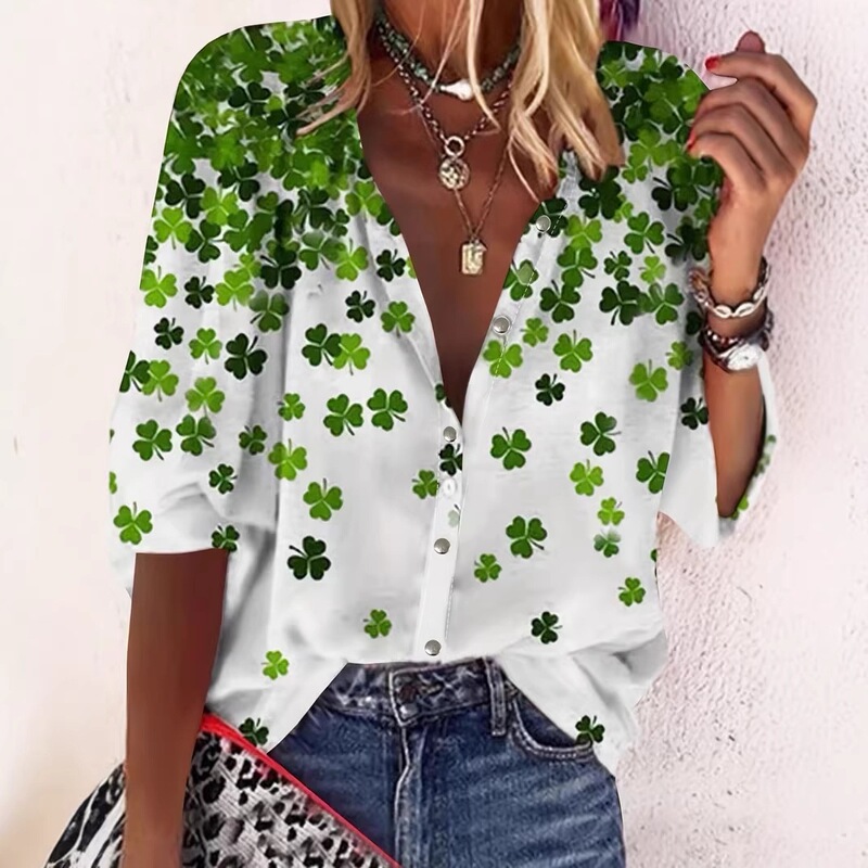 2026 Cross-Border Korean Version Clover Print Front Button Shirt with Turn-Down Collar Men's Shirt 3D Printed Plaid Long-Sleeve Men's Clothing