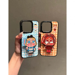 黑框蓝格纹拼接哭娃磁吸支架适用iPhone16promax苹果15手机壳17女