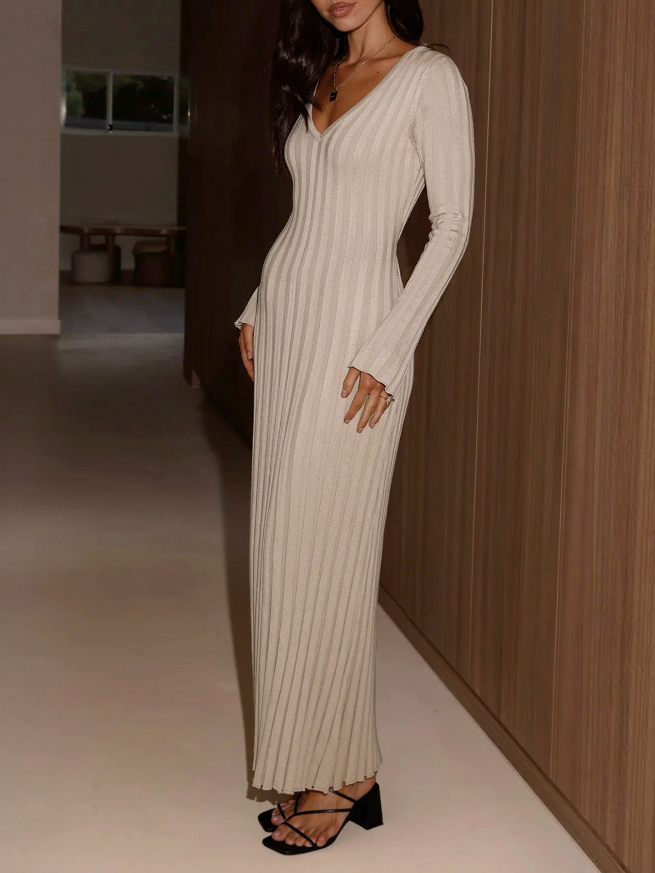 Autumn Knitted Long-Sleeve Dress, Elegant And Graceful, Light Formal V-Neck Long Dress For Women_ecoleips.com