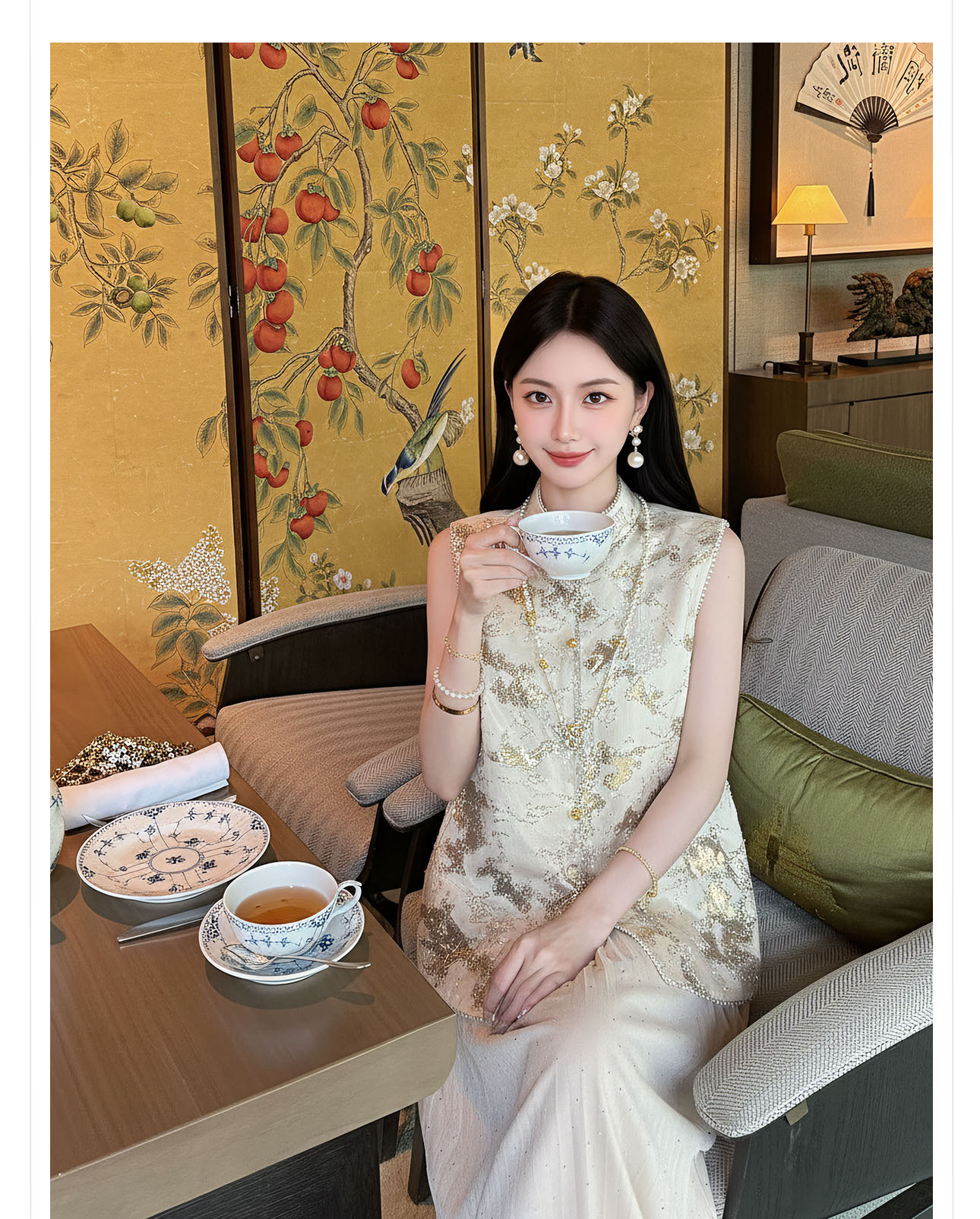 Áo gile hai dây nữ phong cách tân cổ điển cổ đứng thiết kế cao cấp — Vàng hồng chi tiết 4