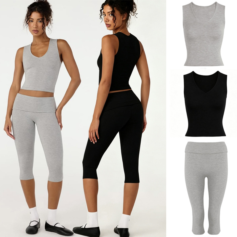 European and American Foreign Trade Cross-Border Yoga Set V-Neck Sports Fitness Tank Top with Chest Pads, Waist-Cinching Skin-Friendly Training Capri Pants