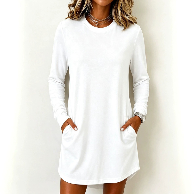 2026 Amazon Solid Color Round Neck Long Sleeve Pocket Dress for Women, Loose Fit, Mid-Length Casual Dress 2026 Amazon Solid Color Round Neck Long Sleeve Pocket Dress for Women, Loose Fit, Mid-Length Casual Dress
