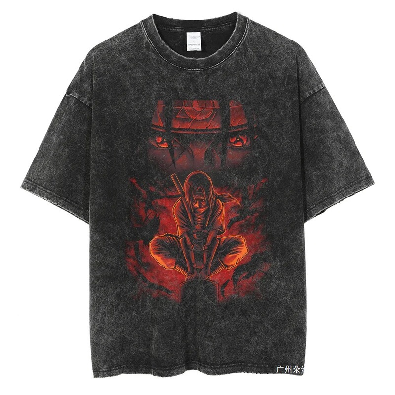 Cross-Border Aliexpress Men's Short Sleeve T-Shirt Naruto Anime Print Retro T-Shirt Pure Cotton Black Washed Top
