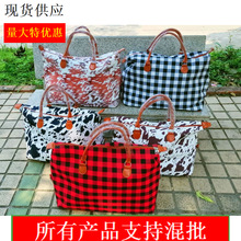 亚马逊跨境旅行袋豹纹水牛格子周末旅行包女士格子大帆布行李女包