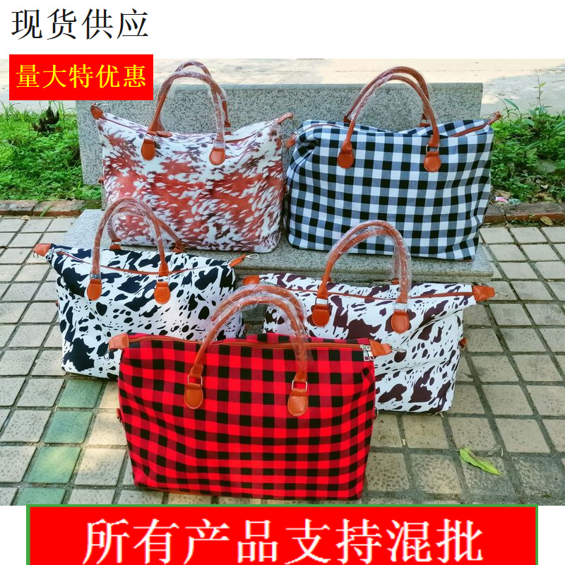 亚马逊跨境旅行袋豹纹水牛格子周末旅行包女士格子大帆布行李女包