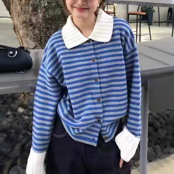 拼色条纹polo领长袖毛衣女针织衫秋冬新款休闲慵懒风宽松长袖外套|undefined