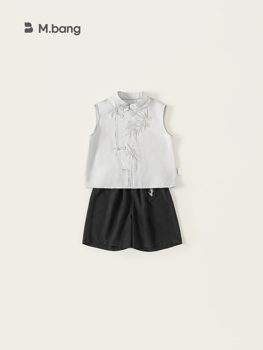 Youbao ropa para niños nuevo traje de estilo chino para niños, top sin mangas con cuello alto de estilo nacional, pantalones cortos bordados de color sólido, traje de dos piezas para niños