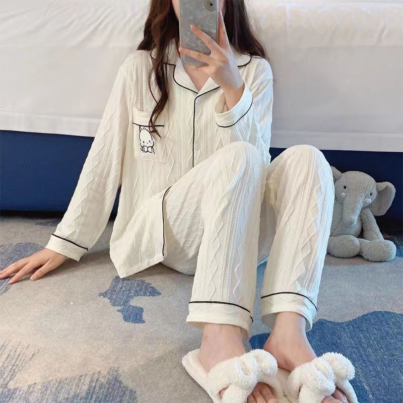 Al por mayor transfronterizo primavera y otoño nuevo algodón jacquard pijama de manga larga de mujer cardigan con solapa dulce encantador conjunto de ropa para el hogar