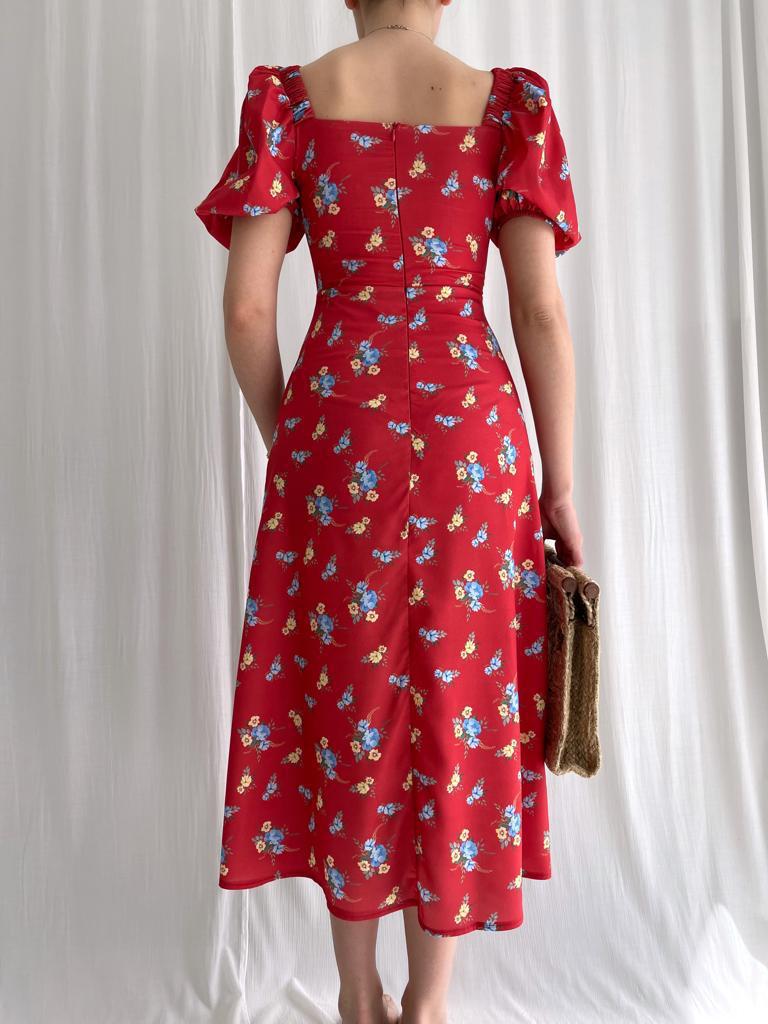 Women's Slit Dress Sexy Square Neck Printing Slit Zipper Short Sleeve Ditsy Floral Midi Dress Daily display picture 3