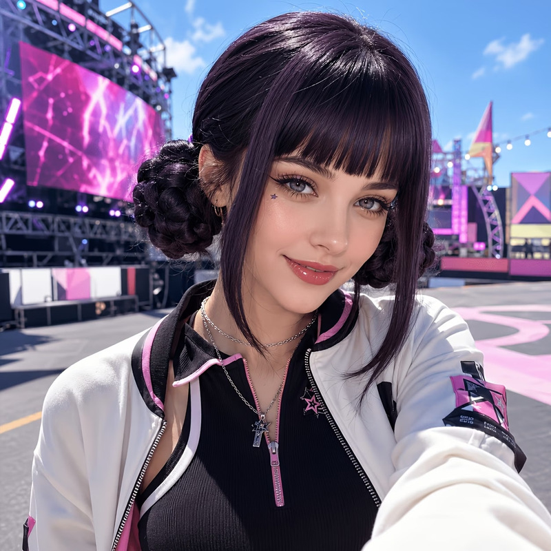 Cross-border purple-black double bun wig with bangs, suitable for cosplay, anime character role-playing, and wholesale