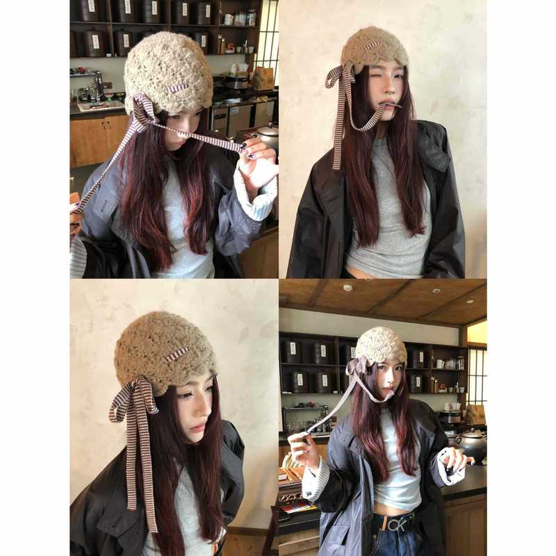 FFACC秋冬新款手工花朵镂空编织帽卡其色针织帽女显脸小包头帽|undefined