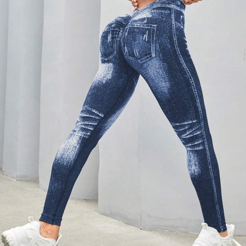 Euro-American Style Denim-Like High-Elastic Fitness Sport Pants, Seamless Back V-Neck Peach Hip Tapered Thigh Slimming Running Yoga Pants for Women