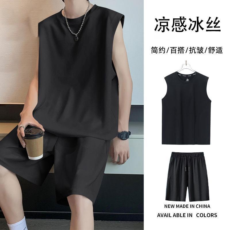 Fitness Clothes Men's Ice Silk Quick-Drying Vest Sportswear Suit Basketball Equipment Training Running Short-Sleeved T-Shirt Summer