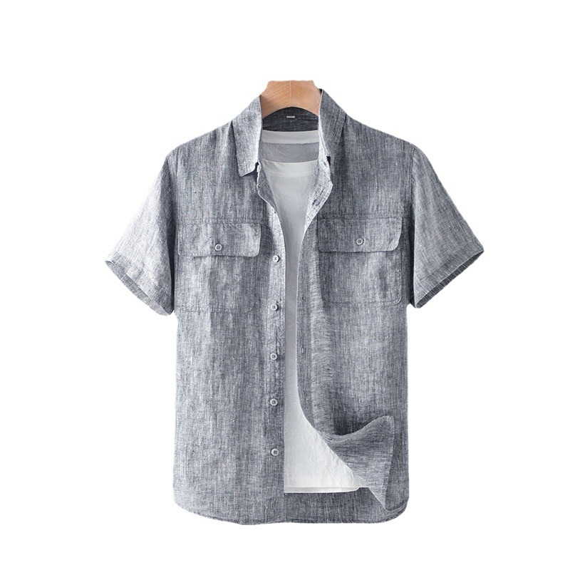 2024 verano Lino hombres parche bolsa solapa manga corta Camisa de lino simple cómodo fresco camisa de lino F012