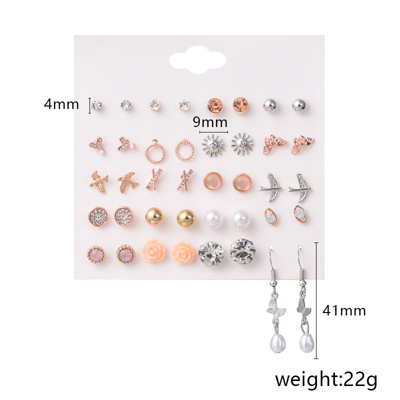 New Fashion Cross-border Sold Jewelry Earring Set 20 Pairs Zircon-like Stud Earrings Flower Heart Shape Diamond Mini Earrings display picture 5