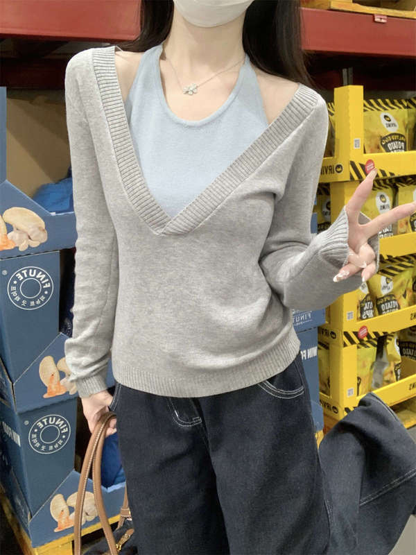 优雅轻奢假两件挂脖拼接打底上衣女秋季通勤软糯收腰长袖针织毛衣|undefined