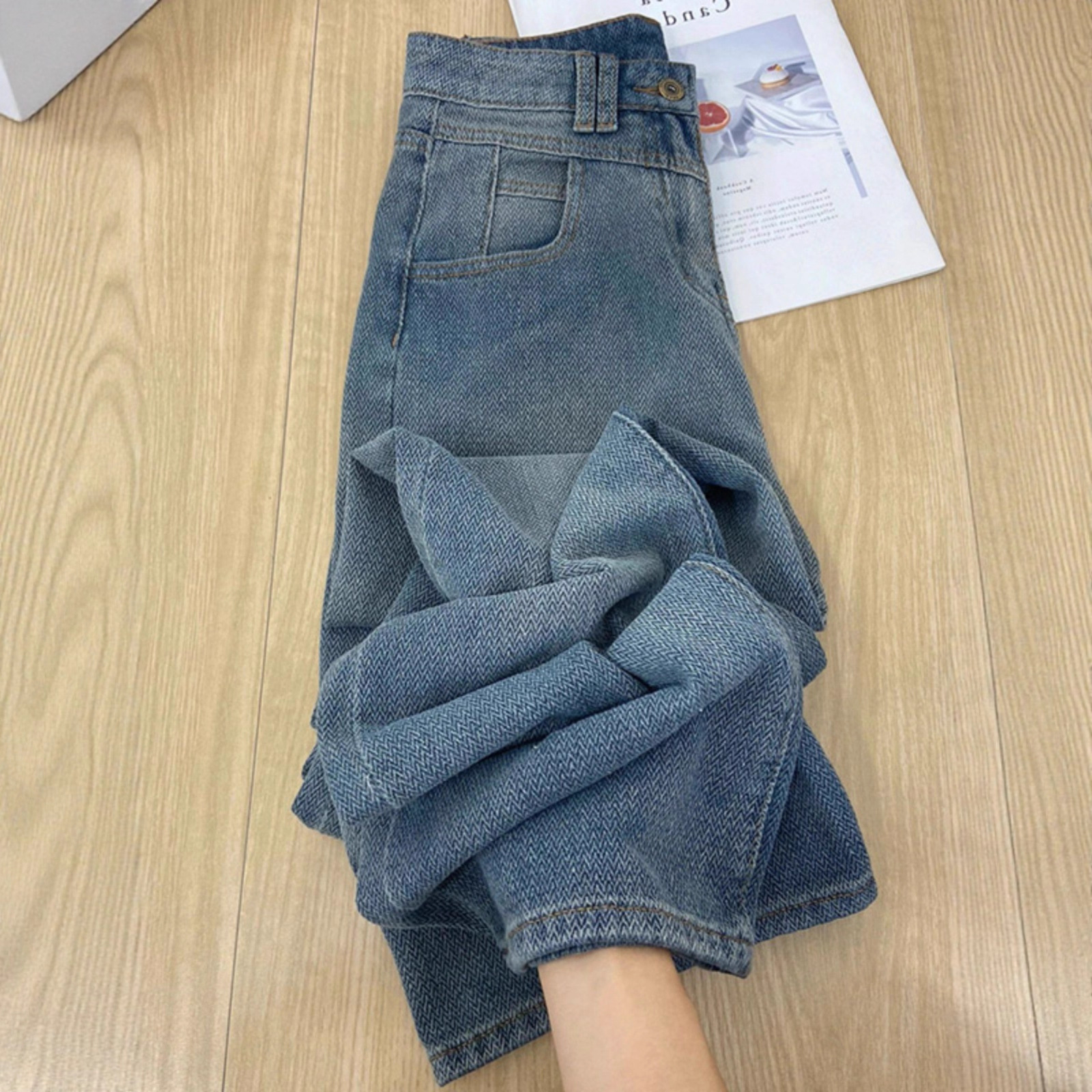 港味复古牛仔裤女大码高腰显瘦阔腿裤宽松拼色垂感直筒拖地长裤子