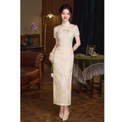 素雅中式長款圓襟短袖旗袍2025春新款復古國風改良新中式宴會旗袍