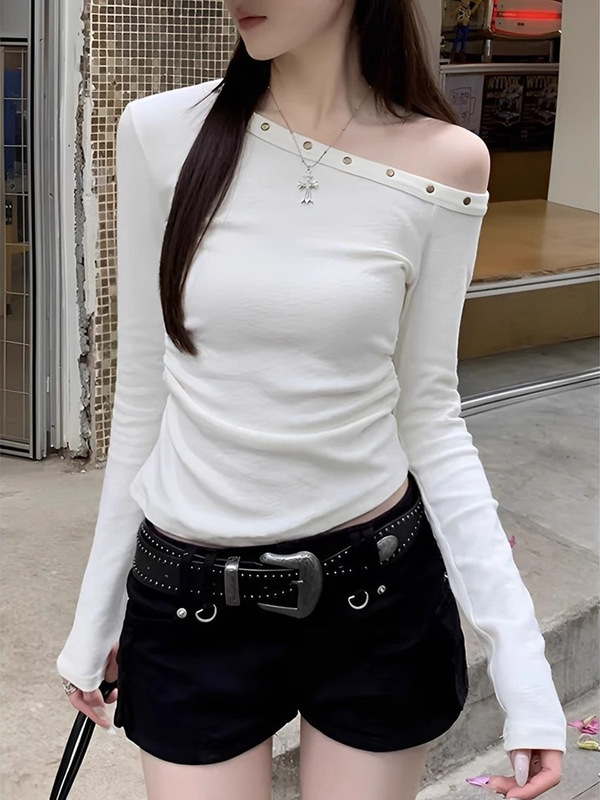 斜肩长袖t恤女显瘦秋装女款爆款2025新款设计感上衣时髦洋气衣服|undefined