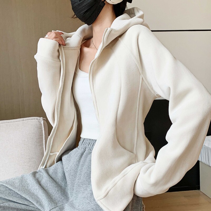 H268 Hooded Zipper Sports Cardigan Jacket for Women Autumn and Winter New Style Fleece-Lined Thickeneded Casual Outer Wear Long-Sleeved Sweatshirt