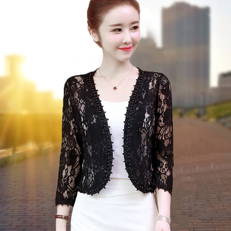 Spring and Summer New Lace Small Shawl Cardigan Short Coat Women's Sling Skirt Cheongsam Wearing Foreign Style Beads