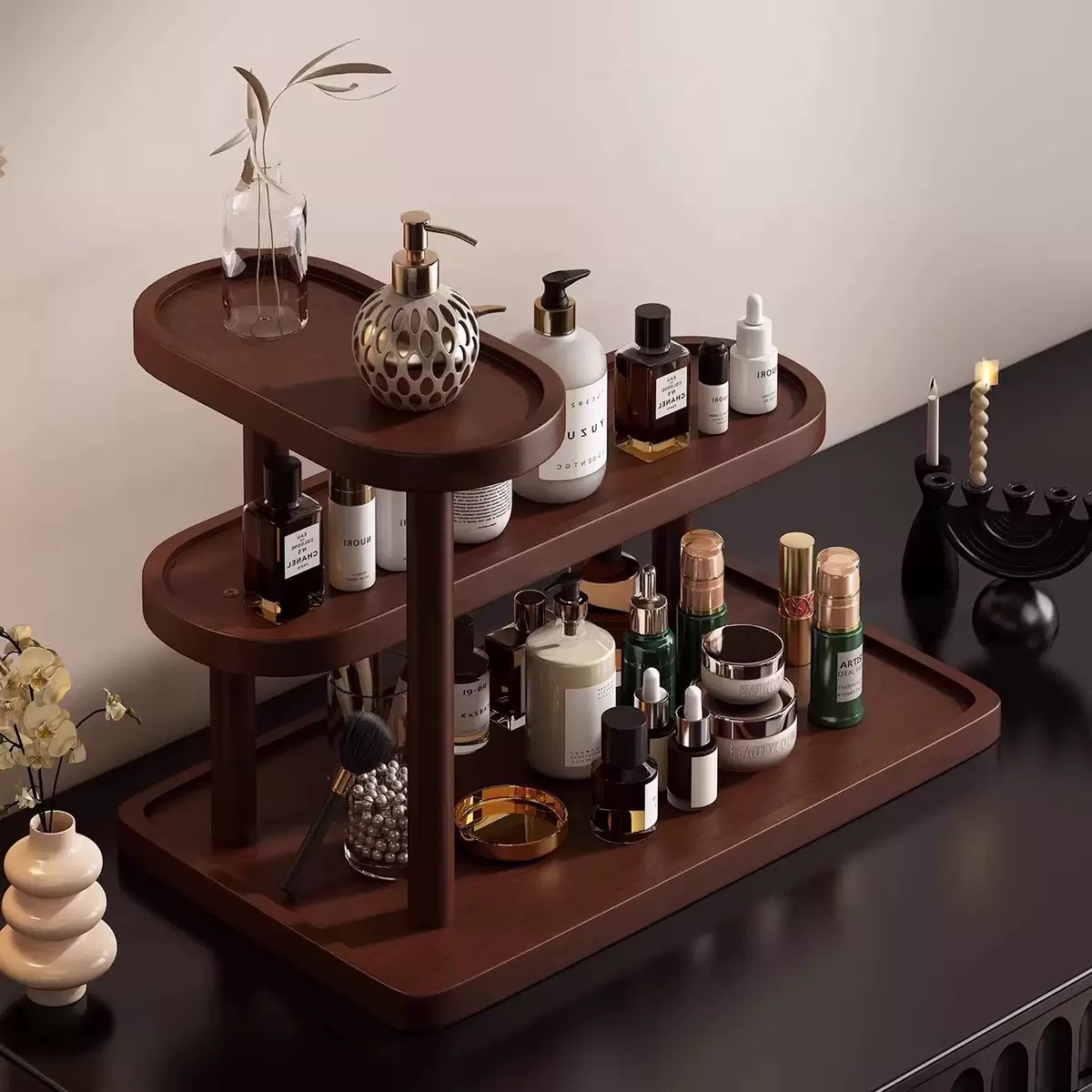 Retro table dressing table from natural wood for skin care, multilayer lipstick, cosmetic perfume, storage system