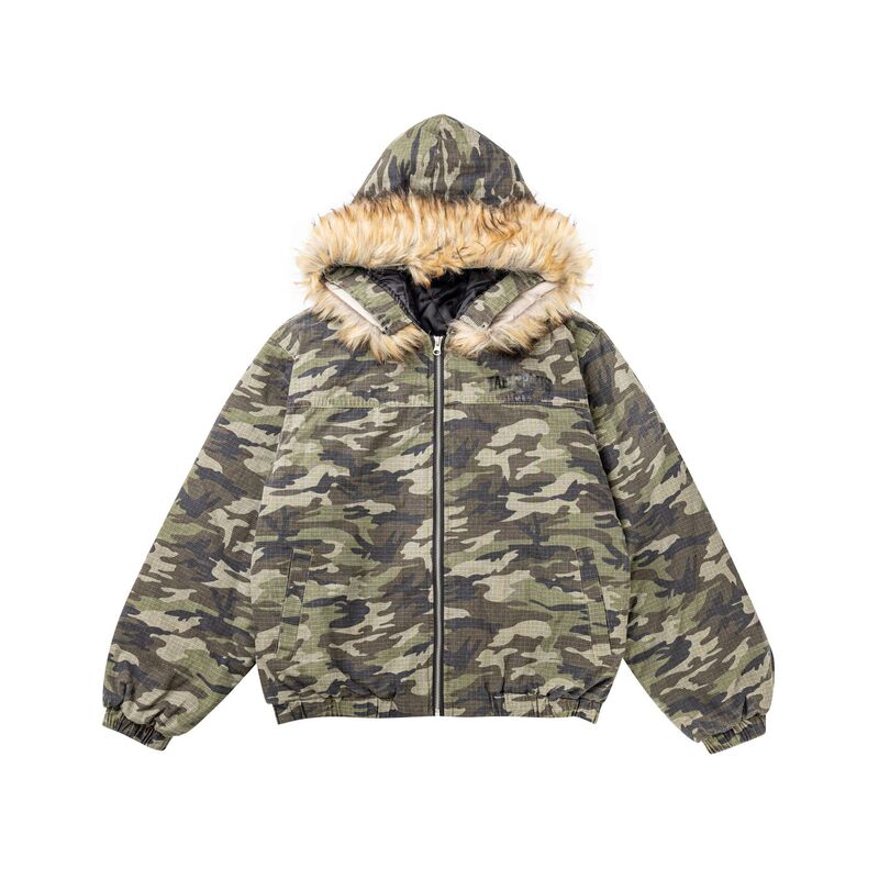 Longitudinal Clothes Club American Retro New Camouflage Thickened Warm Maomao Hooded Cotton-padded Jacket Casual All-match Cotton-padded Jacket