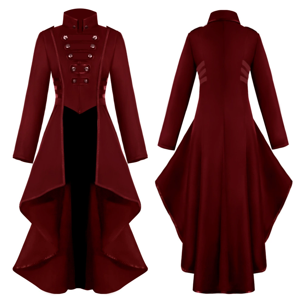 Evening Dress European Style, Long Sleeve High-Low Hem with Military Button Detail, Multi-Color