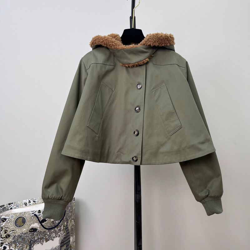 Detachable Lamb Wool Hooded Short Cotton Jacket for Women, Hooded Parka, Cape-Style Quilted Jacket