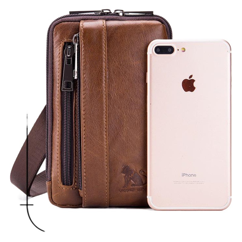 Cowhide Men's Waist Bag Men's Genuine Leather Mobile Phone Bag Horizontal and Vertical Multifunctional Hook Wearing Belt Construction Site Waist Bag