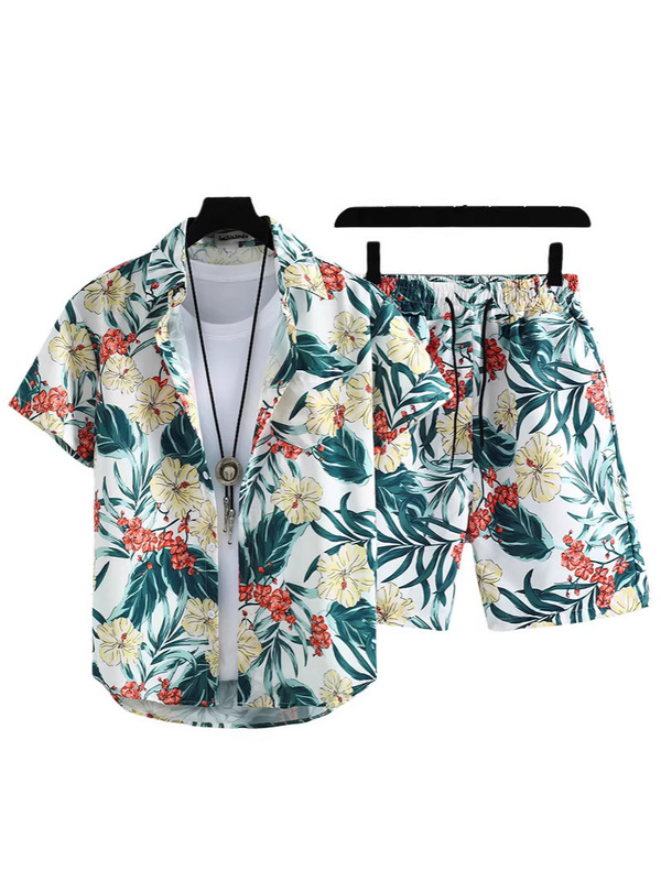Hawaiian Shorts and Shirt Set Floral Outfit Hainan Island Clothing Men's Sanya Travel Men's Beach Shirt Set