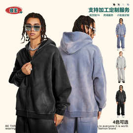 BE男装|2025秋冬季美式潮牌做旧加绒开衫连帽卫衣男百搭外套上衣