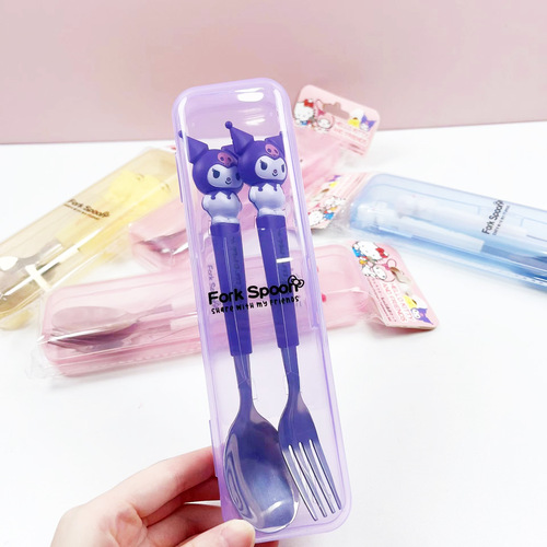 Student Portable Two-Piece Cartoon Children's Tableware Spoons and Forks Set Sanrio Stainless Steel Wholesale Fork and Spoon Set