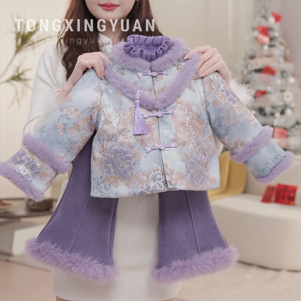 [Nuevo estilo chino · Luo] niños estrella redonda niñas otoño invierno cheongsam vestido Tang princesa estilo chino set de chaqueta de niña image 4