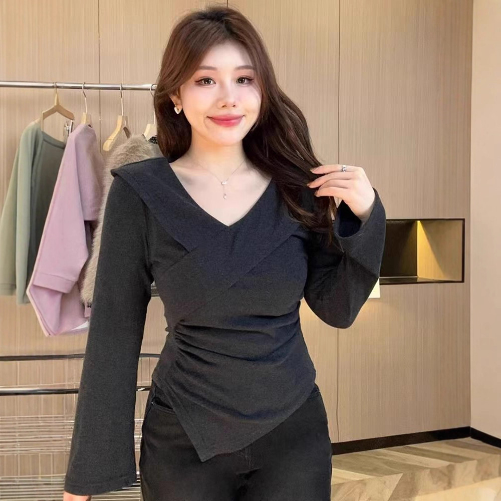Autumn Plus Size Asymmetrical Design Pure Desire Long-Sleeved T-Shirt Tops for Women to Slim down the Waist and Wear as a Bottoming Shirt 8019 #