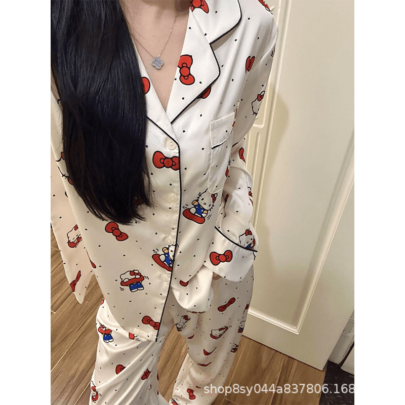 Butterfly imprimido pijama de primavera y otoño de mujeres nuevo 2025 seda de hielo ropa doméstica dos piezas de fábrica de comercio exterior transfronterizo