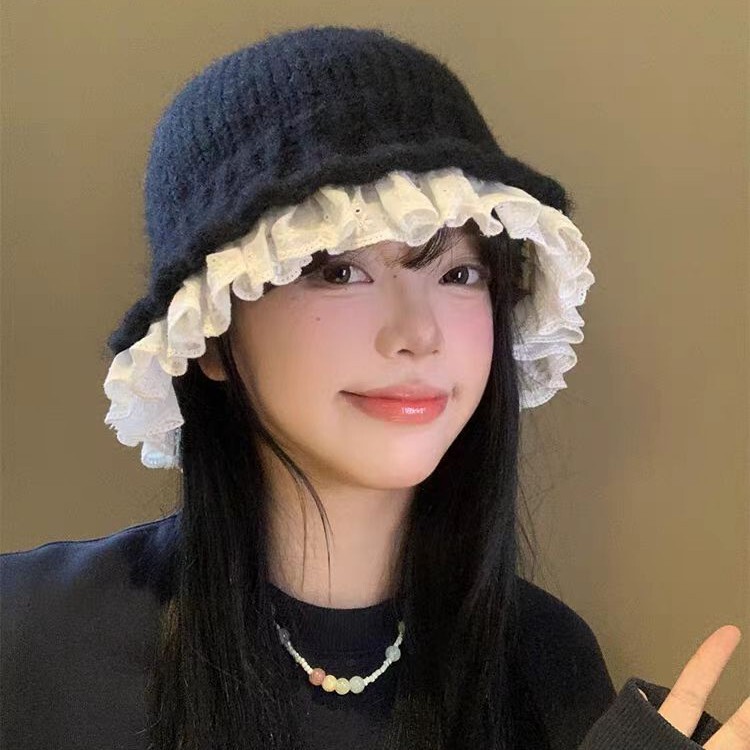 蕾丝花边盆帽针织渔夫帽女秋冬韩系水桶帽显脸小毛线帽大头围帽子|undefined