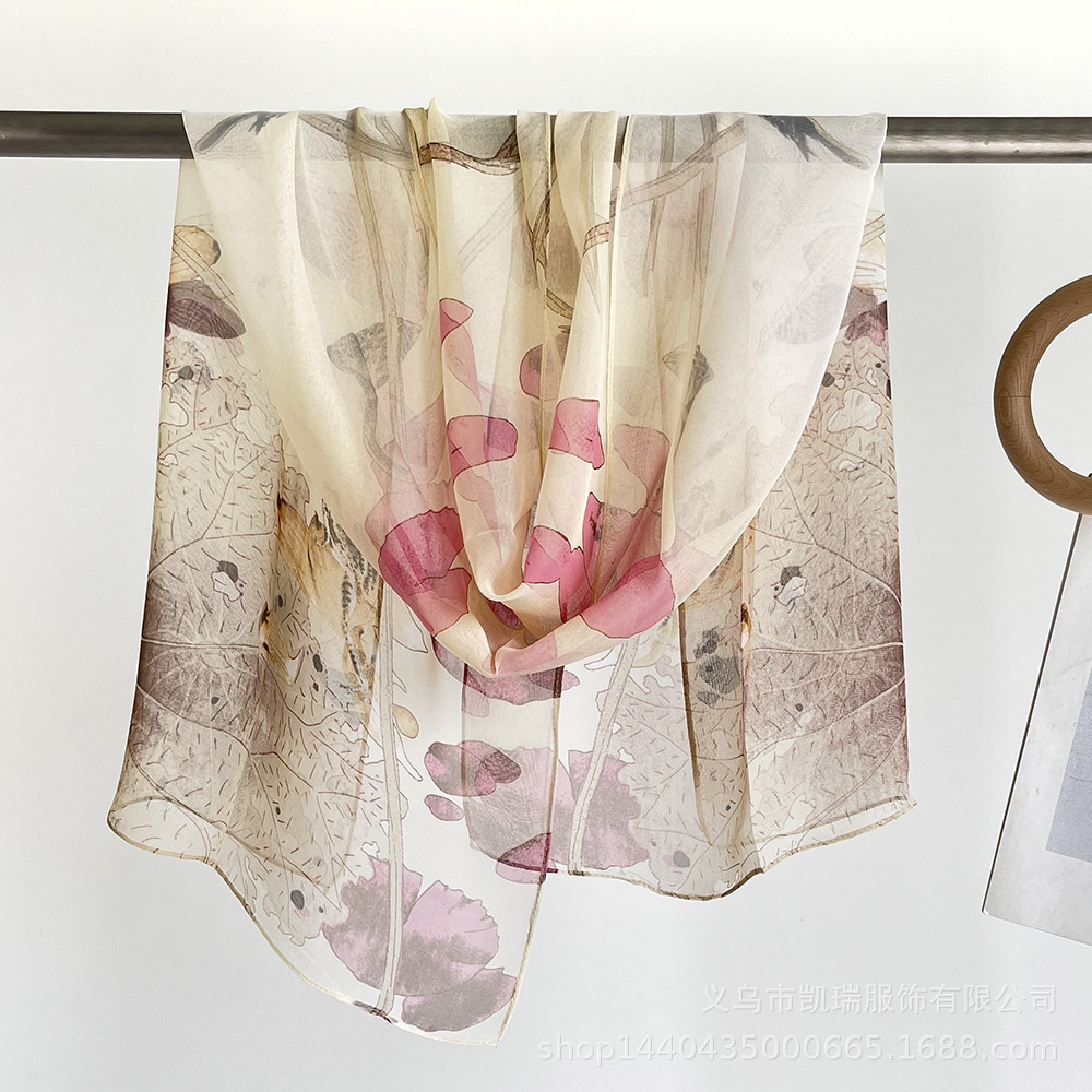 Simulated Silk Chiffon Scarf, Thin Printed Silk Scarf with Water-Lily Design, Summer Sun Protection Scarf, Suitable for Outings and Photo Shoots