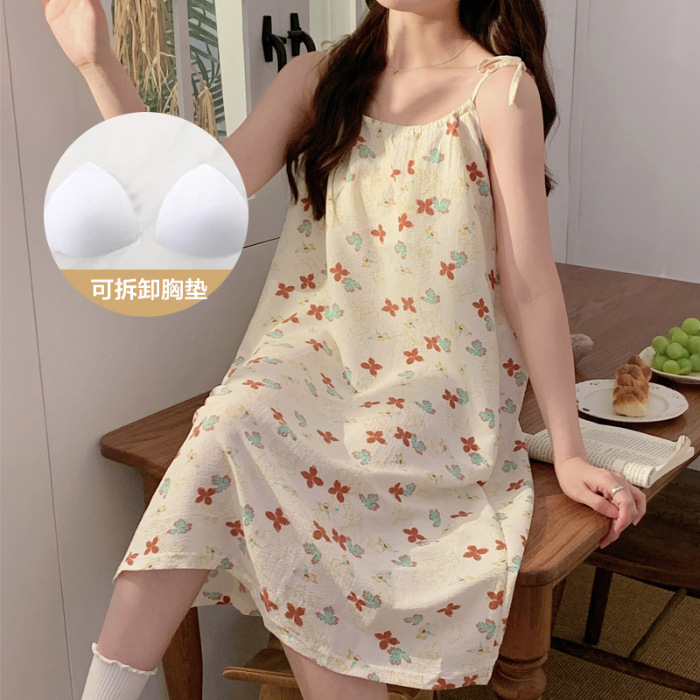 Pantalones de pijama de verano de mujer, almohadillas de pecho, viento, lindos encajes de cuello en v, flores cortas, arte, pijama casero