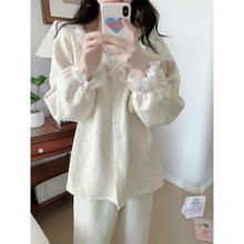 跨境专供睡衣女家居服圆领花边碎花长袖开衫加厚夹丝棉睡衣居家服